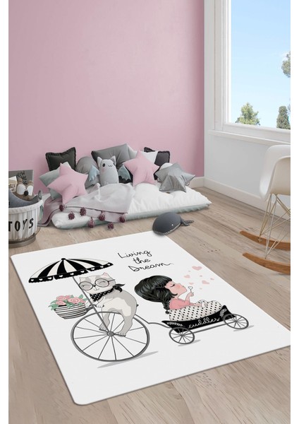 Kaymaz Taban Yıkanabilir Kedi ve Kız Desenli Çocuk Halısı