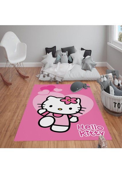 Kaymaz Tabanlı Yıkanabilir Hello Kitty Desenli Çocuk Halısı Dot Taban Halı