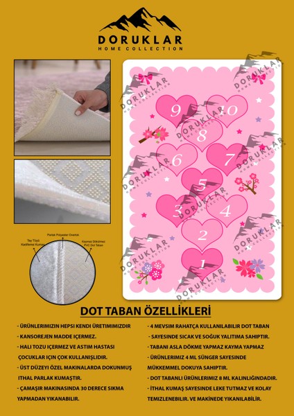 Kaymaz Taban Yıkanabilir Kalpli Seksek Desenli Çocuk Halısı