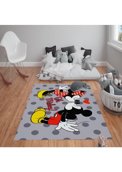 Kaymaz Tabanlı Yıkanabilir Mickey Mouse Desenli Çocuk Halısı Dot Taban Halı