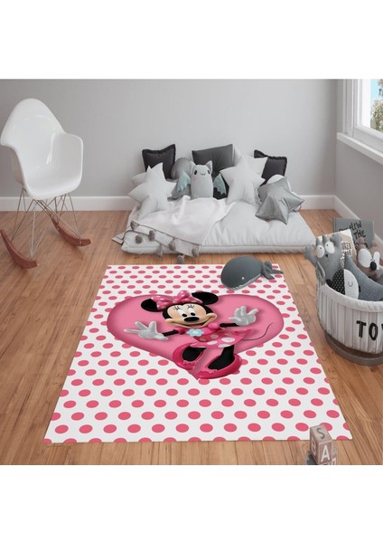 Kaymaz Tabanlı Yıkanabilir Minnie Mouse Desenli Çocuk Halısı Dot Taban Halı