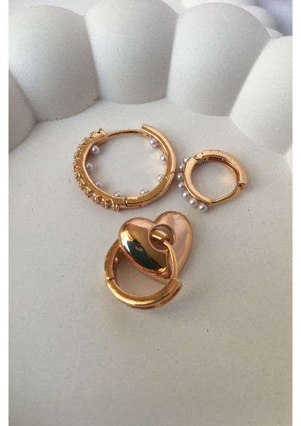 Çelik Gold 3’lü Küpe Seti Bubble Kalp Küpe Inci Detaylı Halka Küpe Zirkon Taşlı Küpe