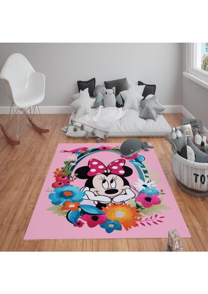 Kaymaz Tabanlı Yıkanabilir Mickey Mouse Desenli Çocuk Halısı Dot Taban Halı