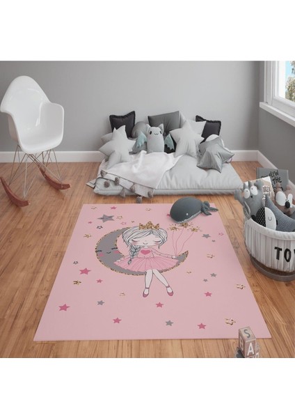 Kaymaz Tabanlı Yıkanabilir Ay Kız Desenli Çocuk Halısı Dot Taban Halı