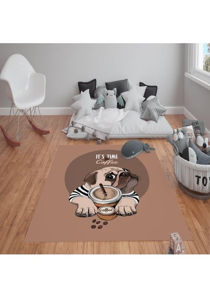 Kaymaz Tabanlı Yıkanabilir Coffee Köpek Desenli Çocuk Halısı Dot Taban Halı fiyatları