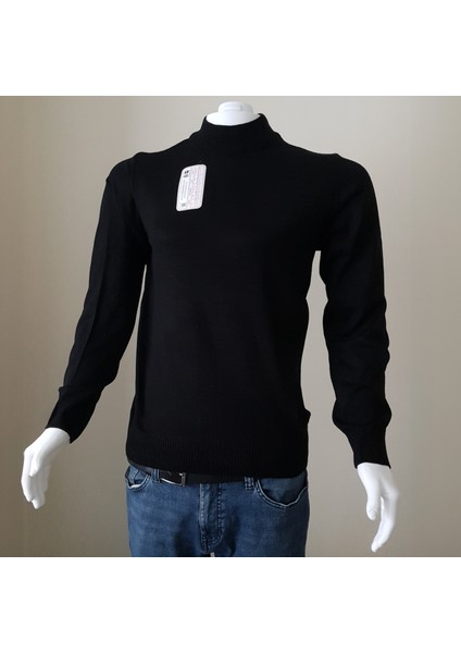 Erkek Slim Fit Siyah Dar Kesim Yarım Balıkçı Yaka Tüylenmeyen Anti-Pilling Yumuşak Dokulu Triko Kazak