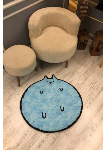 Dijital Baskı Kaymaz Taban Yıkanabilir Mavi Kedi Desenli Yuvarlak Çocuk Halısı