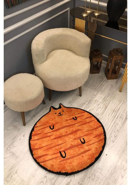 Dijital Baskı Kaymaz Taban Yıkanabilir Turuncu Kedi Desenli Yuvarlak Çocuk Halısı