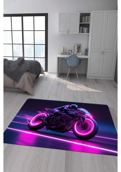 Kaymaz Taban Makinada Yıkanabilir Neon Motor Desenli Çocuk Halısı