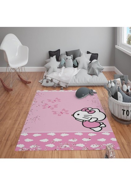 Kaymaz Tabanlı Yıkanabilir Hello Kitty Çocuk Halısı Dot Taban Halı