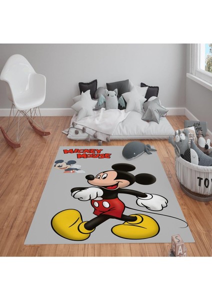 Kaymaz Tabanlı Yıkanabilir Mickey Mouse Desenli Çocuk Halısı Dot Taban Halı