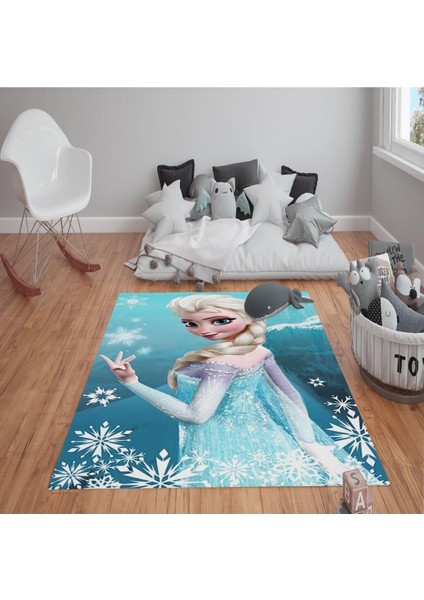 Kaymaz Tabanlı Yıkanabilir Elsa Frozen Desenli Çocuk Halısı Dot Taban Halı