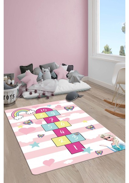 Kaymaz Taban Makinada Yıkanabilir Elsa Seksek Desenli Çocuk Halısı