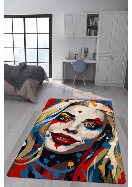 Kaymaz Taban Makinada Yıkanabilir Dijital Baskı Harley Quinn Desenli Çocuk Halısı