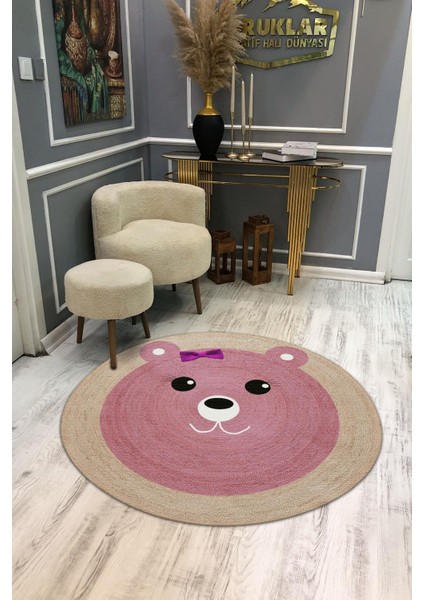 Dijital Baskı Kaymaz Taban Yıkanabilir Hasır-Jüt Görünümlü Yuvarlak Çocuk Halısı