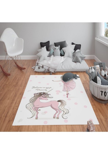 Kaymaz Tabanlı Yıkanabilir Unicorn Desenli Çocuk Halısı Dot Taban Halı
