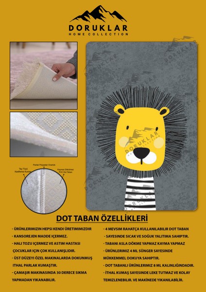 Kaymaz Taban Yıkanabilir Aslan Desenli Çocuk Halısı