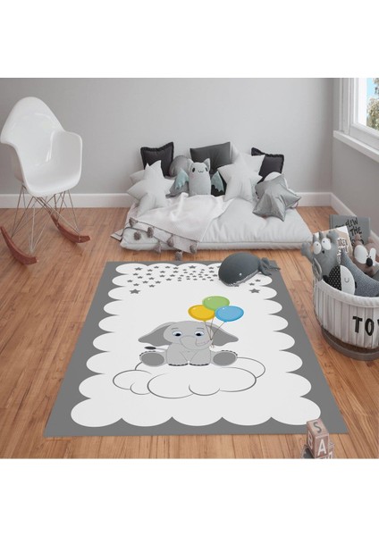 Kaymaz Tabanlı Yıkanabilir Fil Desenli Çocuk Halısı Dot Taban Halı