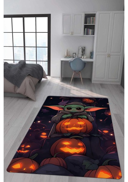 Kaymaz Taban Makinada Yıkanabilir Dijital Baskı Baby Yoda Desenli Genç ve Çocuk Odası Halısı Dot Taban Halı