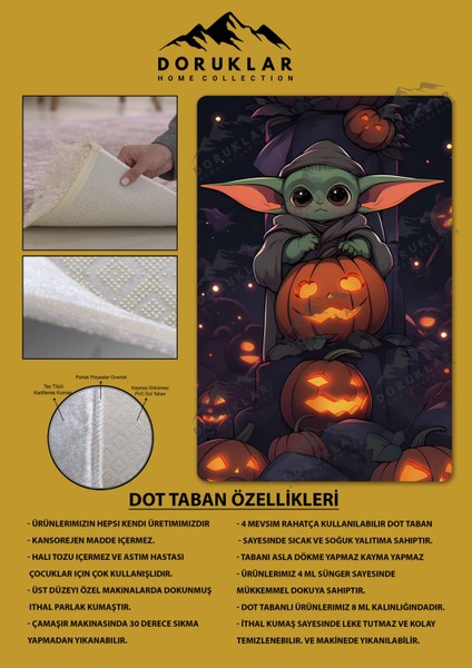 Kaymaz Taban Makinada Yıkanabilir Dijital Baskı Baby Yoda Desenli Genç ve Çocuk Odası Halısı Dot Taban Halı