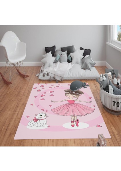 Kaymaz Tabanlı Yıkanabilir Tatlı Kedi ve Kız Desenli Çocuk Halısı Dot Taban Halı