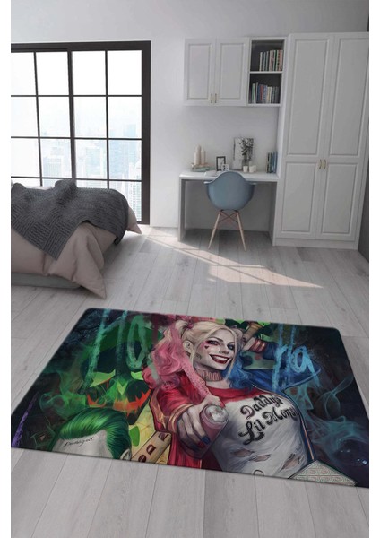 Kaymaz Taban Makinada Yıkanabilir Dijital Baskı Harley Quinn Desenli Çocuk Halısı