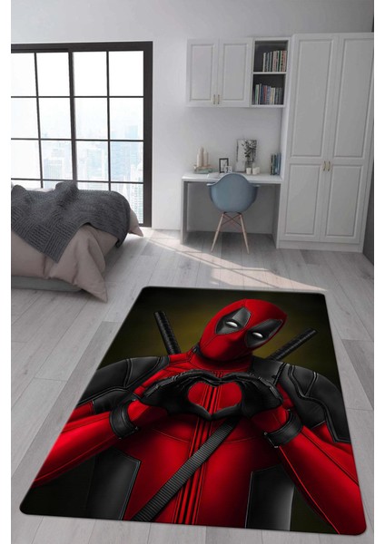 Kaymaz Taban Makinada Yıkanabilir Dijital Baskı Deadpool Desenli Genç ve Çocuk Odası Halısı Dot Taban Hal