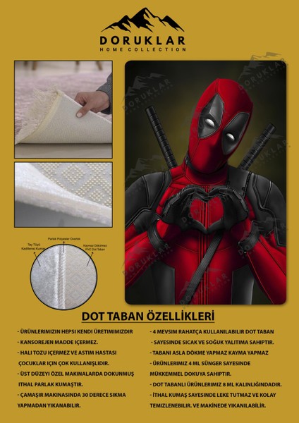 Kaymaz Taban Makinada Yıkanabilir Dijital Baskı Deadpool Desenli Genç ve Çocuk Odası Halısı Dot Taban Hal fiyatları