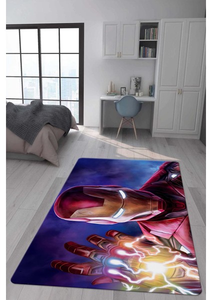 Kaymaz Taban Makinada Yıkanabilir Dijital Baskı Iron Man Desenli Genç Odası ve Çocuk Odası Halısı Dot Taban Halı