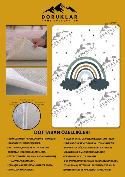 Kaymaz Taban Makinada Yıkanabilir Bulut Gökkuşağı Desenli Çocuk Halısı fiyatları