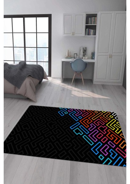 Kaymaz Taban Makinada Yıkanabilir Dijital Baskı Geometrik Desenli Genç Odası Halısı