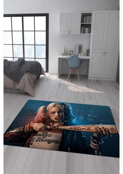 Kaymaz Taban Makinada Yıkanabilir Dijital Baskı Harley Quinn Desenli Çocuk Halısı