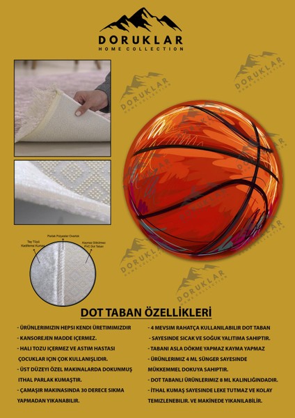 Kaymaz Taban Makinada Yıkanabilir Dijital Baskı Basketbol Topu Desenli Genç Odası Halısı Dot Taban Halı