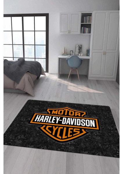 Kaymaz Taban Makinada Yıkanabilir Dijital Baskı Harleyy Motor Desenli Çocuk Halısı