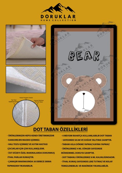 Kaymaz Taban Yıkanabilir Bear Desenli Çocuk Halısı