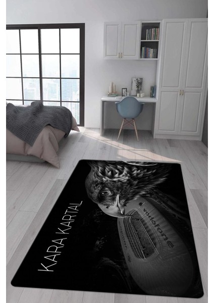 Kaymaz Taban Makinada Yıkanabilir Dijital Baskı Kara Kartal Desenli Genç ve Çocuk Odası Halısı