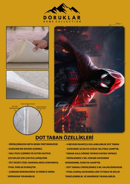 Kaymaz Taban Makinada Yıkanabilir Dijital Baskı Spiderman Desenli Genç Odası Halısı