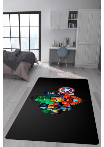 Kaymaz Taban Makinada Yıkanabilir Dijital Baskı Marvel Desenli Genç ve Çocuk Odası Halısı