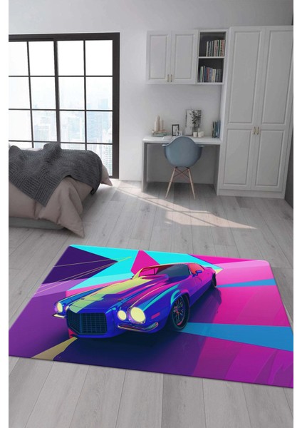 Kaymaz Taban Makinada Yıkanabilir Dijital Baskı Araba Desenli Genç Odası Halısı