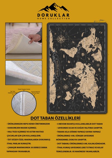 Kaymaz Taban Makinada Yıkanabilir Dijital Baskı Harita Desenli Genç Odası Halısı