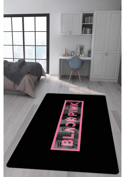 Kaymaz Taban Makinada Yıkanabilir Dijital Baskı Blackpink Desenli Genç ve Çocuk Odası Halısı