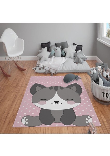 Kaymaz Tabanlı Yıkanabilir Kedi Desenli Çocuk Halısı Dot Taban Halı
