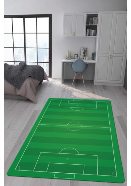 Kaymaz Taban Makinada Yıkanabilir Dijital Baskı Futbol Sahası Desenli Genç Odası Halısı