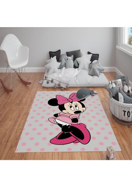 Kaymaz Tabanlı Yıkanabilir Mickey Mouse Desenli Çocuk Halısı Dot Taban Halı