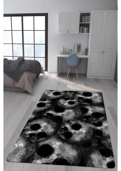 Kaymaz Taban Makinada Yıkanabilir Dijital Baskı Kuru Kafa Desenli Genç Odası Halısı