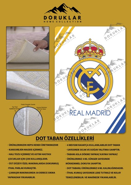 Kaymaz Taban Makinada Yıkanabilir Dijital Baskı Real Madrid Desenli Genç Odası Halısı Dot Taban Halı