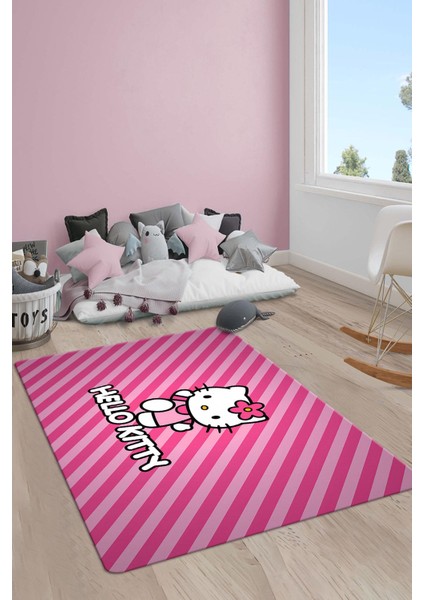 Kaymaz Taban Makinada Yıkanabilir Dijital Baskı Hello Kitty Desenli Genç ve Çocuk Odası Halısı Dot Taban Halı