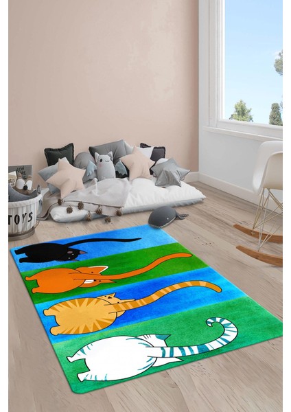 Kaymaz Taban Makinada Yıkanabilir Kediler Desenli Çocuk Halısı