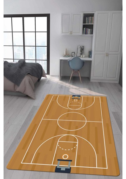 Kaymaz Taban Makinada Yıkanabilir Dijital Baskı Basketbol Desenli Genç Odası Halısı
