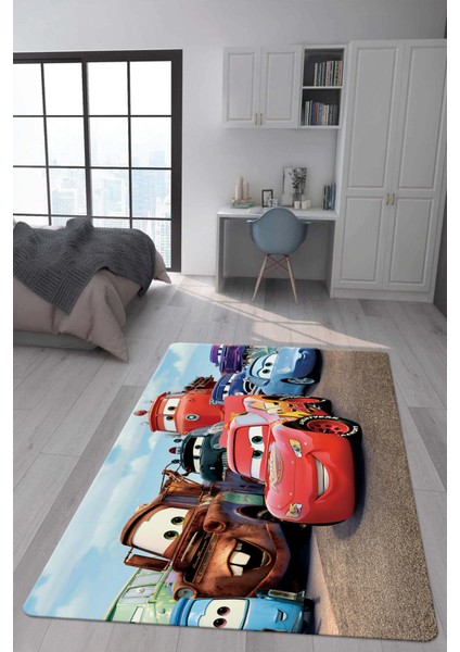 Kaymaz Taban Makinada Yıkanabilir Dijital Baskı Şimşek Mcqueen Cars Desenli Genç Odası ve Çocuk Odası Halısı Dot Taban Halı